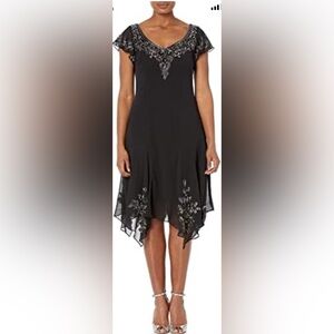 J Kara Women's Flutter Sleeve Hanky Hem Short Cocktail Beaded Dress 16